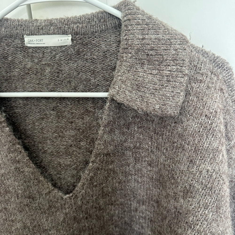OAK + FORT Brown Collared V‑Neck Sweater - Picture 4 of 6